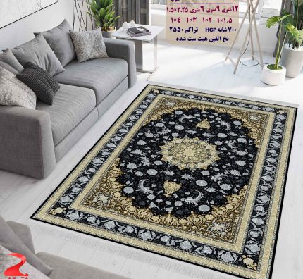 فرش ماشینی کاشان طرح اصفهان مشکی طلاکوب 700 شانه