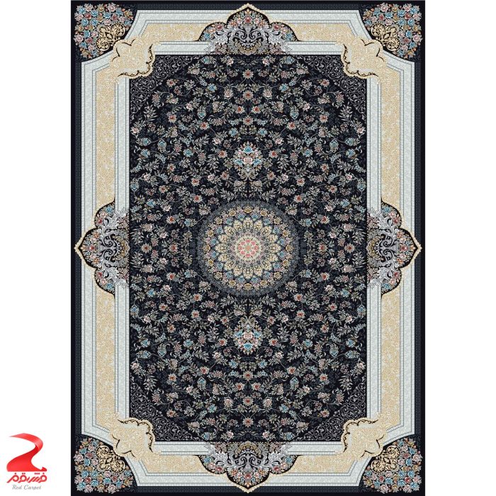 فرش ماشینی کاشان طرح خاتون سرمه ای 700 شانه 2