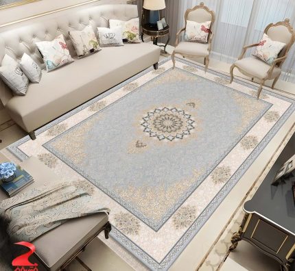 فرش ماشینی 700 شانه طرح مهرگان طوسی کد 7120