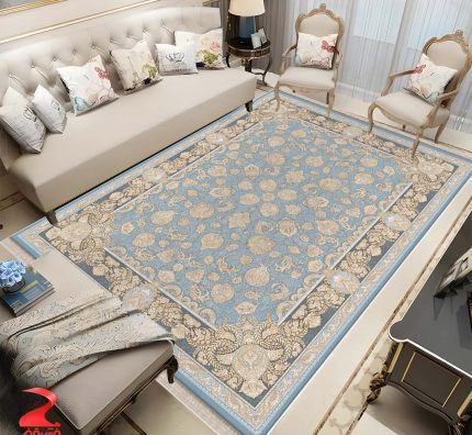 فرش ماشینی 700 شانه طرح روژین آبی کد 7136