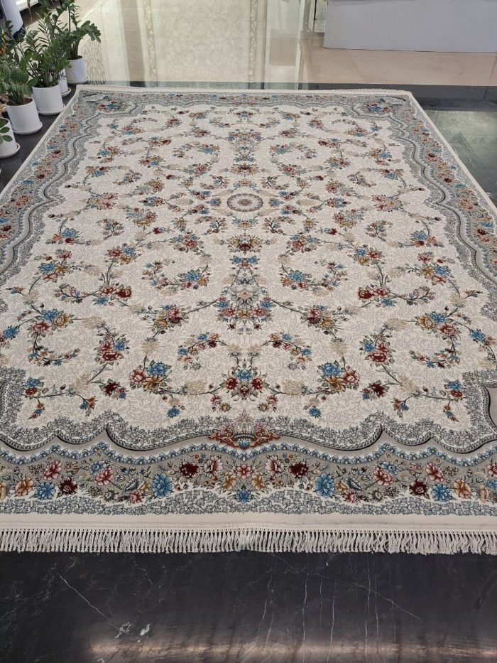 خرید فرش ماشینی 1200 شانه برجسته طرح رها رنگ کرم 3